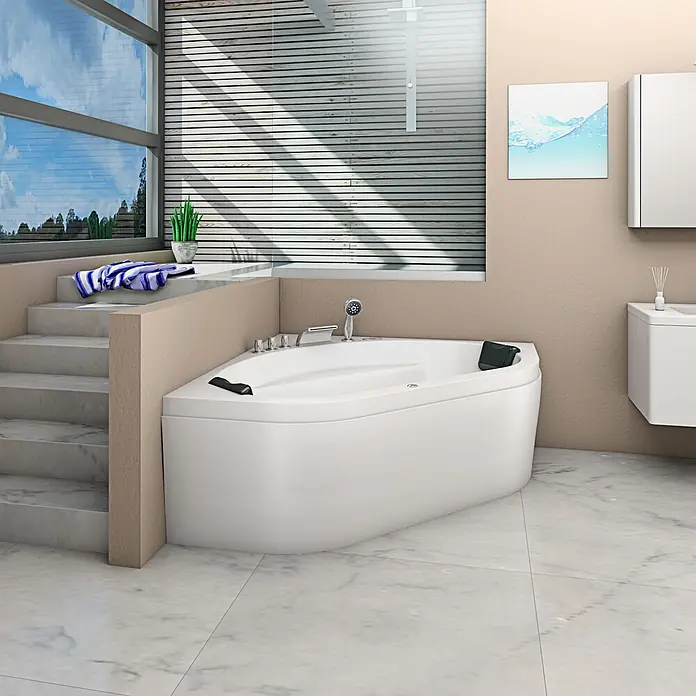 AcquaVapore Badewanne Fertigdusche W20R-SC - Acryl, Weiß - Weiße Eckbadewanne mit Chromarmaturen in einem modernen Badezimmer.