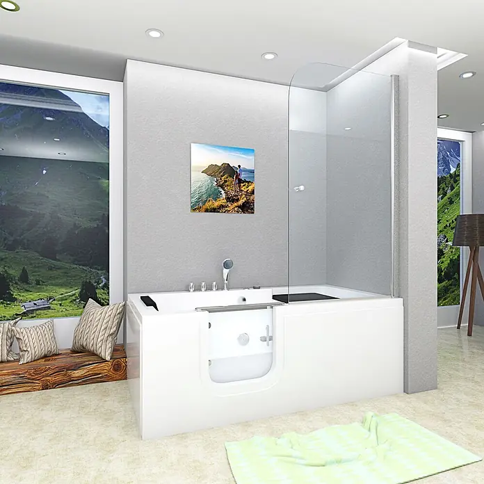 AcquaVapore Badewanne Fertigdusche S15D-WP-TH-L - 150 x 75 cm, Acryl, Weiß - Weiße begehbare Badewanne mit Glasabtrennung in einem modernen Badezimmer mit Bergblick.