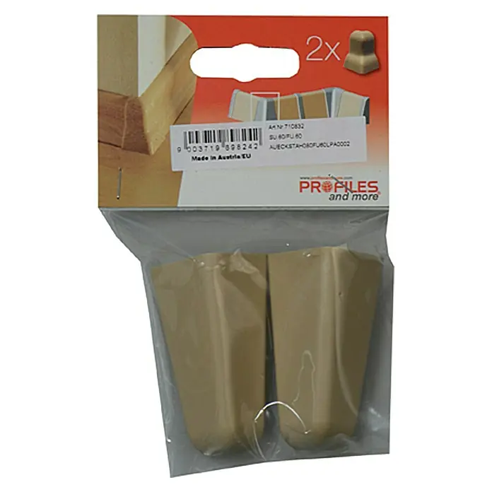 Profiles and more Außenecke FU60L - Ahorn, 2 Stk. - Eine Packung mit zwei beigen Sockel Eckstücken, die für den Innenausbau oder die Dekoration von Wohnräumen verwendet werden können.