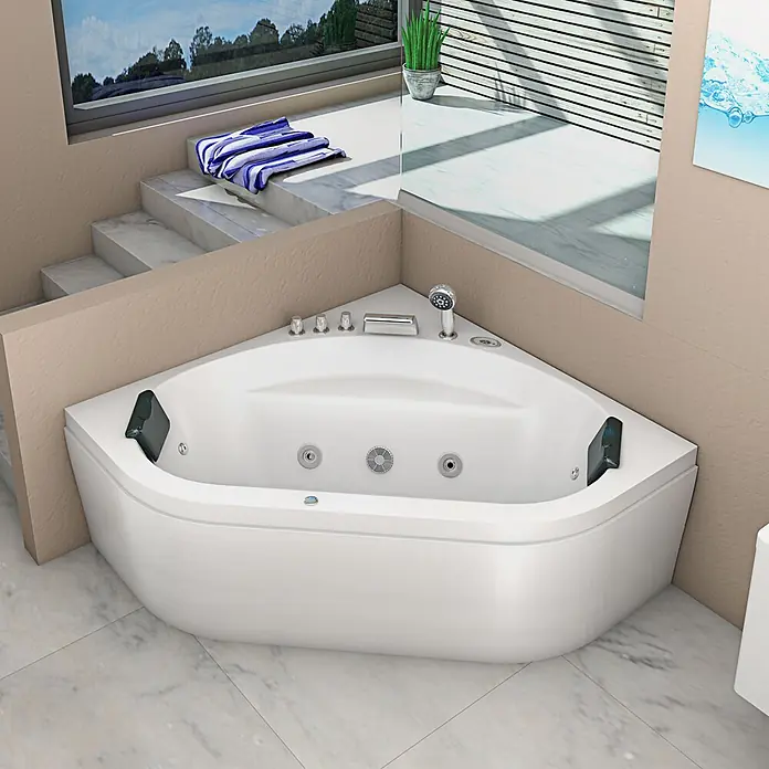 AcquaVapore Badewanne Fertigdusche W20R-SC - Acryl, Weiß - Weißer Eck-Jacuzzi mit mehreren Düsen, Handbrause und Chromarmaturen in einem modernen Badezimmer.