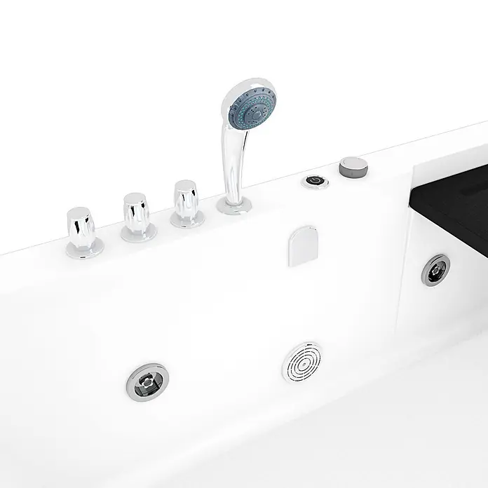 AcquaVapore Badewanne Fertigdusche S15D-WP-TH-L - 150 x 75 cm, Acryl, Weiß - Weißer Whirlpool mit Chromarmaturen, Handbrause und integrierter schwarzer Sitzfläche/Ablage.