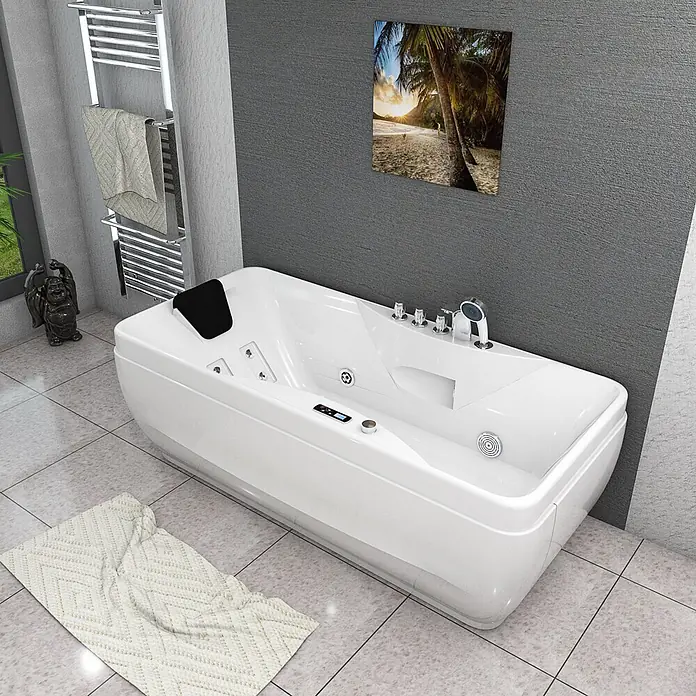 AcquaVapore Badewanne Fertigdusche W49H-TH-PL - Acryl, Weiß - Weißer Whirlpool mit Kopfstütze und Bedienelementen in einem modernen Badezimmer.