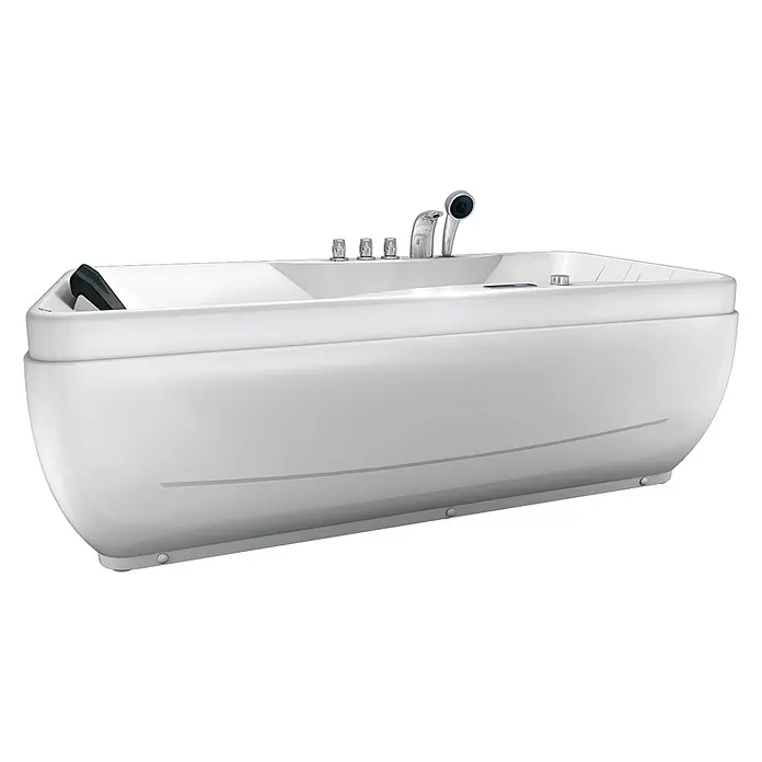 AcquaVapore Badewanne Fertigdusche W49H-TH-PL - Acryl, Weiß - Moderne weiße Badewanne mit Chromarmaturen und dunkelgrauer Kopfstütze.