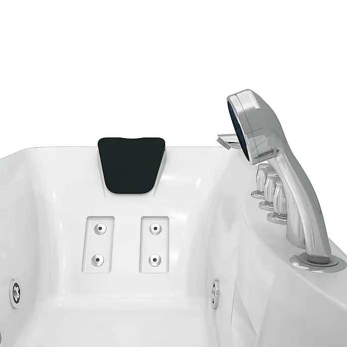 AcquaVapore Badewanne Fertigdusche W49H-TH-PL - Acryl, Weiß - Weißer Whirlpool mit schwarzer Kopfstütze, Chrom-Handbrause und Armaturen.
