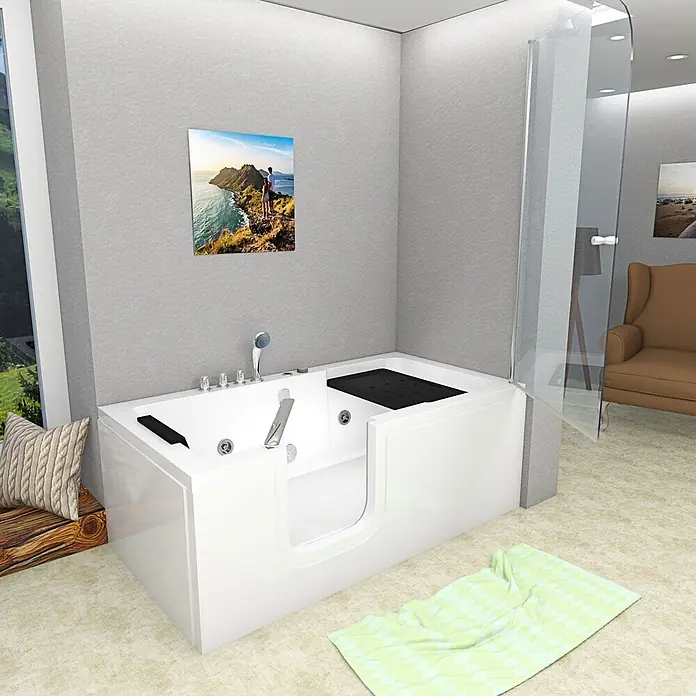 AcquaVapore Badewanne Fertigdusche S15D-WP-TH-L - 150 x 75 cm, Acryl, Weiß - Weiße begehbare Badewanne mit schwarzem integriertem Sitz und Chromarmaturen.
