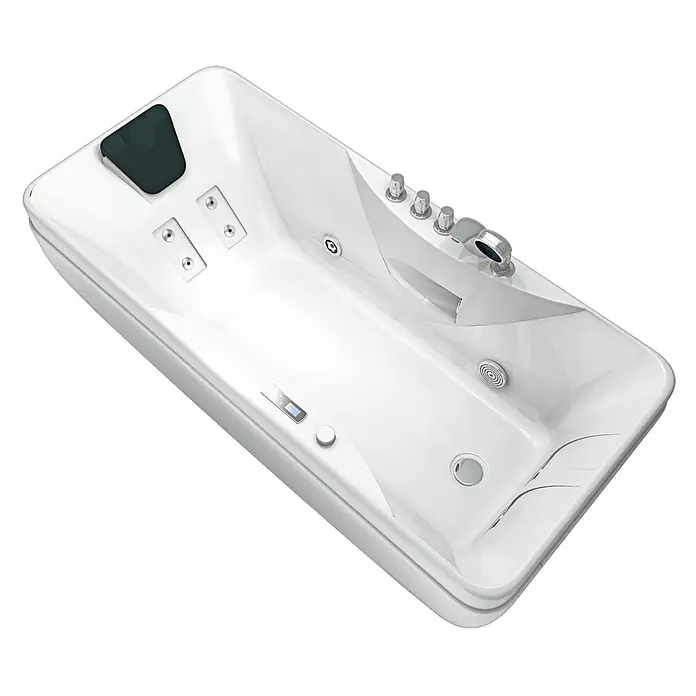 AcquaVapore Badewanne Fertigdusche W49H-TH-PL - Acryl, Weiß - Moderne weiße rechteckige Whirlpool-Badewanne mit integrierten Bedienelementen, Chromarmaturen und einer dunkelgrauen Kopfstütze.
