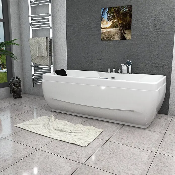 AcquaVapore Badewanne Fertigdusche W49H-TH-PL - Acryl, Weiß - Weiße moderne Badewanne mit schwarzer Kopfstütze und integrierten Armaturen.
