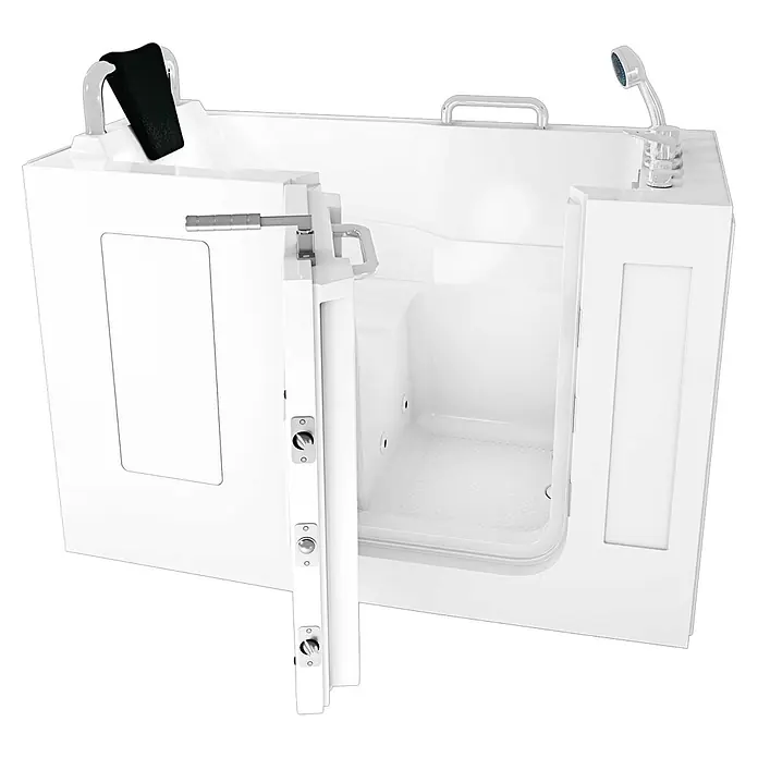 AcquaVapore Badewanne Fertigdusche S07WP-B-L - 140 x 76 cm, Acryl, Weiß - Weiße begehbare Badewanne mit offener Seitentür, integriertem Sitz, Haltegriffen und Handbrause, für barrierefreies Baden.