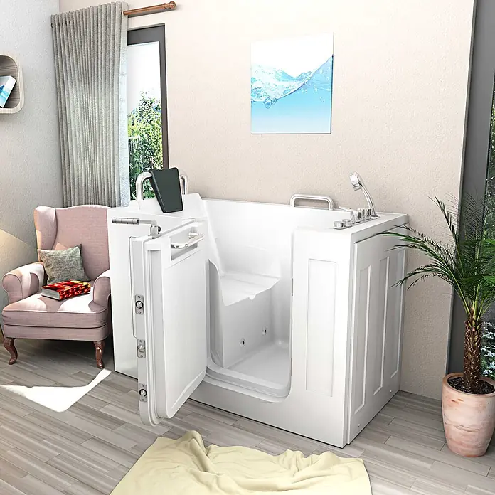AcquaVapore Badewanne Fertigdusche S07WP-B-L - 140 x 76 cm, Acryl, Weiß - Weiße Badewanne mit Einstiegstür, integriertem Sitz und Handbrause in einem hellen Raum.