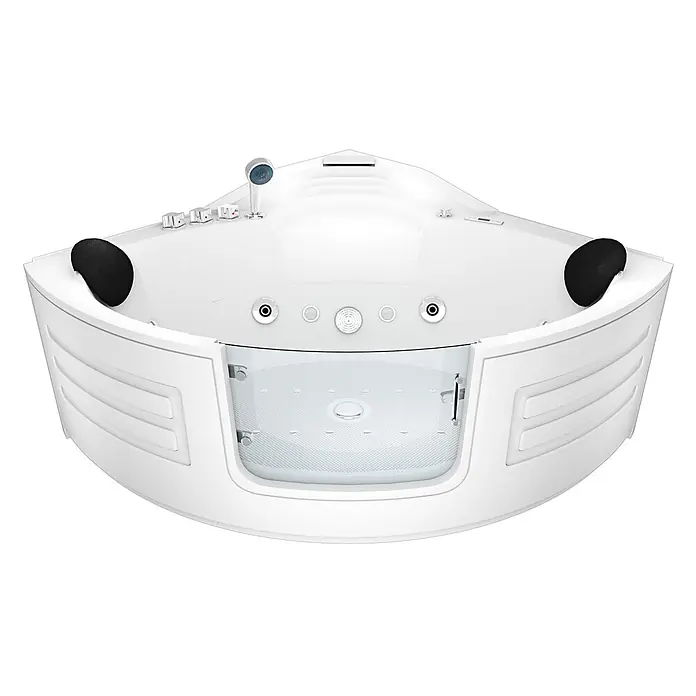 AcquaVapore Badewanne Fertigdusche W70-SC - Acryl, Weiß - Weiße Eck-Whirlpool-Badewanne mit schwarzen Kopfstützen, silbernen Armaturen und transparenter Frontplatte, die den strukturierten Innenraum zeigt.