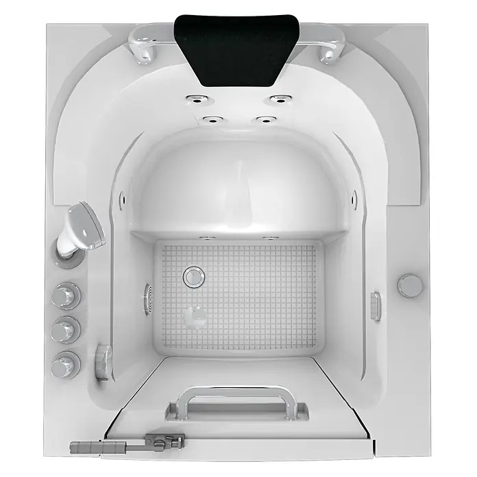 AcquaVapore Badewanne Fertigdusche S10-TH-WP - 80 x 90 cm, Acryl, Weiß - Weiße begehbare Badewanne mit schwarzer Kopfstütze, Chromarmaturen, Hydromassagedüsen und texturiertem Boden.