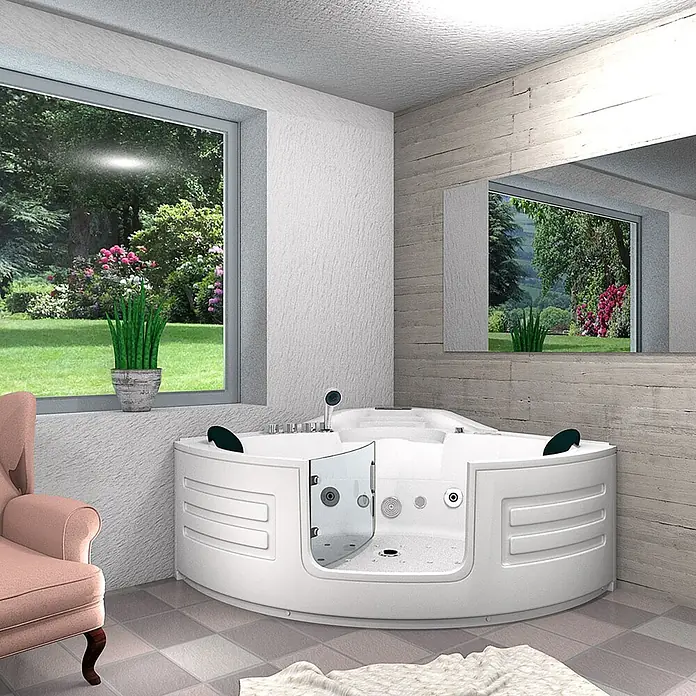 AcquaVapore Badewanne Fertigdusche W70-SC - Acryl, Weiß - Weiße Eck-Seniorenwanne mit Glastür und Hydromassagedüsen für barrierefreies Baden.