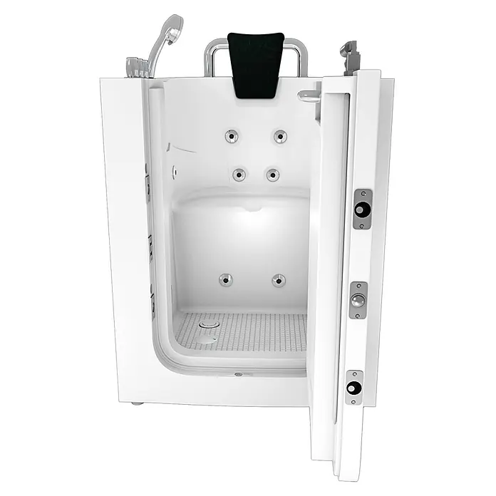 AcquaVapore Badewanne Fertigdusche S10-TH-WP - 80 x 90 cm, Acryl, Weiß - Weiße Einstiegswanne mit weit öffnender Tür, integrierter Handbrause, Haltegriff und Hydromassage-Düsen. Rutschfester Boden.