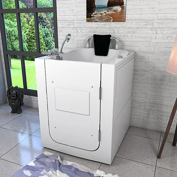 AcquaVapore Badewanne Fertigdusche S10-TH-WP - 80 x 90 cm, Acryl, Weiß - Weißes barrierefreies Einstiegsbad mit Duschkopf und Haltegriffen in einem modernen Badezimmer.