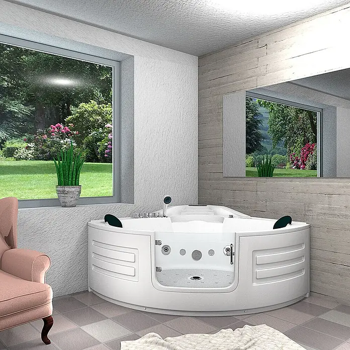 AcquaVapore Badewanne Fertigdusche W70-SC - Acryl, Weiß - Weiße barrierefreie Badewanne mit transparenter Tür und Massagedüsen, in einem hellen Badezimmer mit Gartenblick.