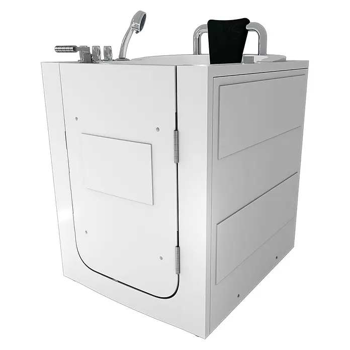 AcquaVapore Badewanne Fertigdusche S10-TH-WP - 80 x 90 cm, Acryl, Weiß - Weiße barrierefreie Badewanne mit Chromarmaturen, Handbrause und schwarzer Kopfstütze für einfachen Einstieg.