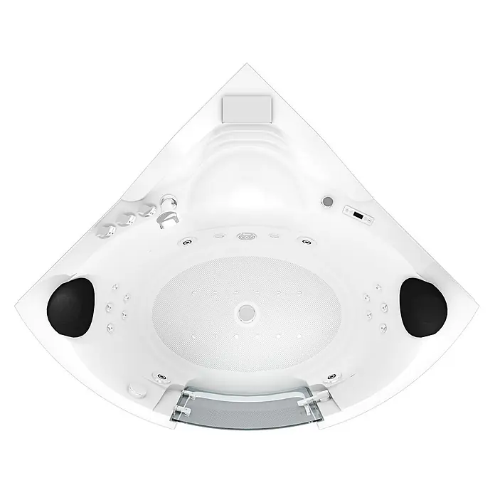 AcquaVapore Badewanne Fertigdusche W70-SC - Acryl, Weiß - Weißer Eck-Whirlpool mit schwarzen Kopfstützen, Chromarmaturen, integrierten Bedienelementen und Glasfront, von oben gesehen.
