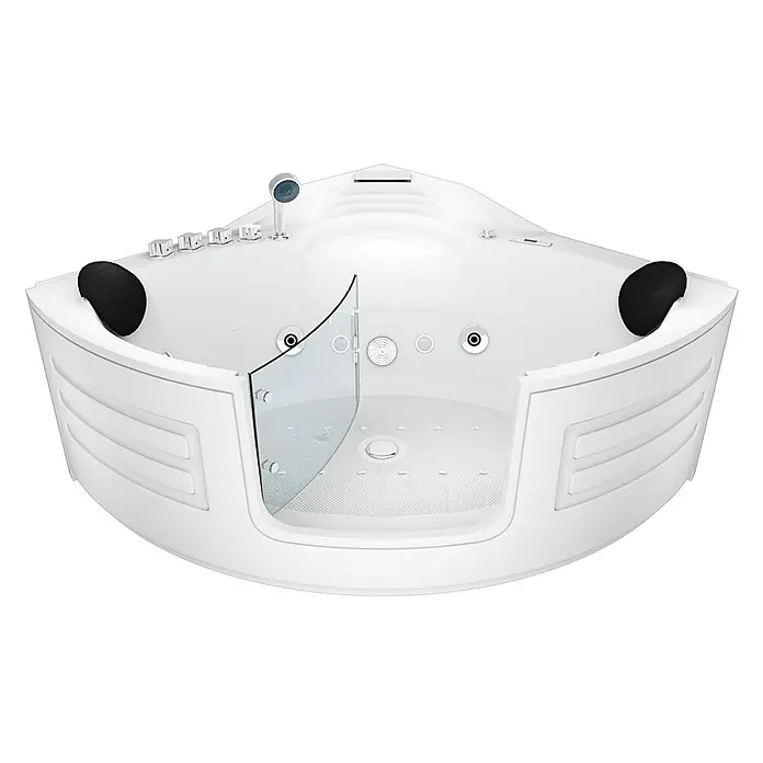 AcquaVapore Badewanne Fertigdusche W70-SC - Acryl, Weiß - Weißer Eck-Whirlpool mit Glasabtrennung und schwarzen Kopfstützen.