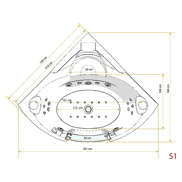 AcquaVapore Badewanne Fertigdusche W70-SC - Acryl, Weiß - Technische Draufsicht eines Eck-Whirlpools mit angegebenen Maßen.