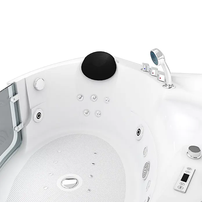 AcquaVapore Badewanne Fertigdusche W70-SC - Acryl, Weiß - Weiße begehbare Badewanne mit schwarzer Kopfstütze, Handbrause, Bedienfeld und strukturierter Antirutschfläche.