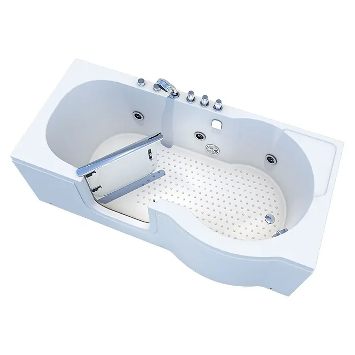 AcquaVapore Badewanne Fertigdusche S12-TH-WP-L - 170 x 85 cm, Acryl, Weiß - Weiße Acryl-Einstiegswanne mit integriertem Sitz, rutschfestem Boden, Chromarmaturen und Hydromassagedüsen.