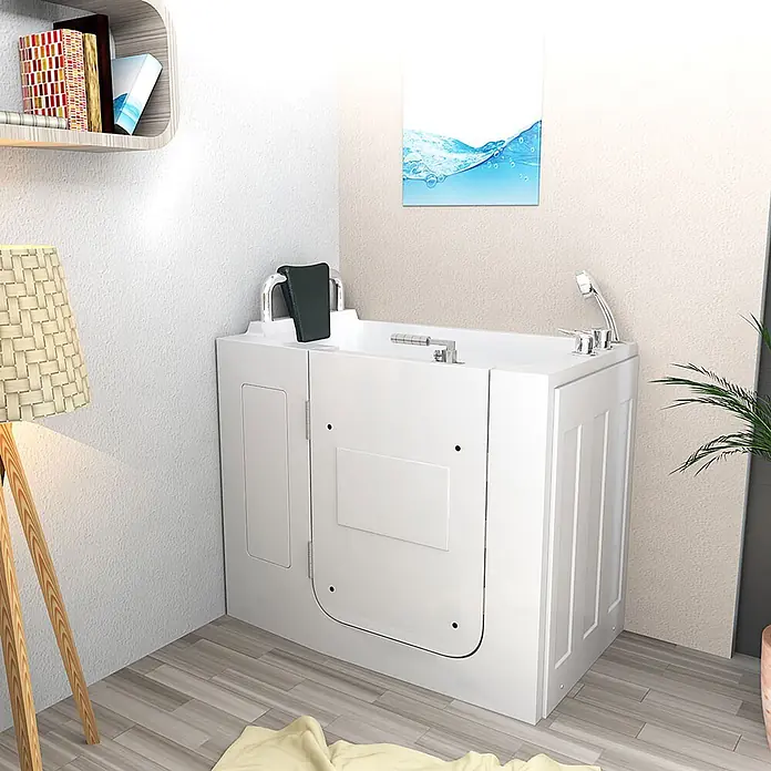 AcquaVapore Badewanne Fertigdusche S08WP-C-L - Acryl, Weiß - Weiße begehbare Badewanne mit weit öffnender Tür für einfachen Zugang.