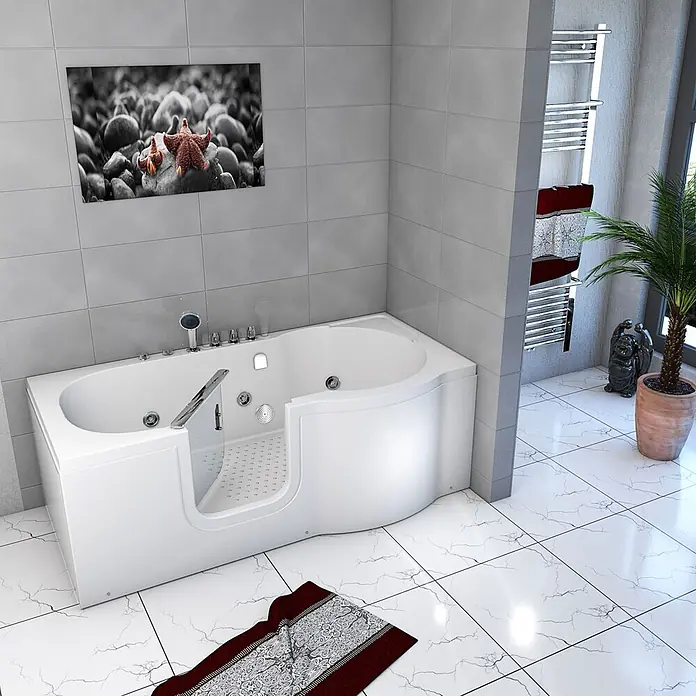 AcquaVapore Badewanne Fertigdusche S12-TH-WP-L - 170 x 85 cm, Acryl, Weiß - Weiße, begehbare Badewanne mit niedrigem Einstieg und integrierten Bedienelementen in einem modernen Badezimmer.
