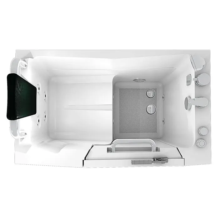 AcquaVapore Badewanne Fertigdusche S08WP-C-L - Acryl, Weiß - Weiße begehbare Badewanne mit integriertem Sitz, dunkler Kopfstütze und Chromarmaturen, von oben gesehen.