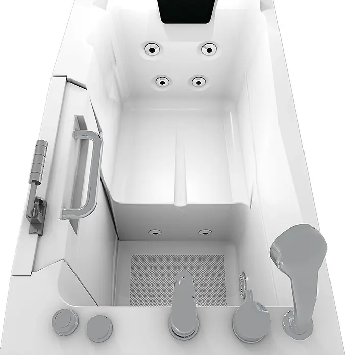 AcquaVapore Badewanne Fertigdusche S08WP-C-L - Acryl, Weiß - Weiße Badewanne mit Einstiegstür, integriertem Sitz, Hydromassagedüsen, Handbrause und Chromarmaturen.