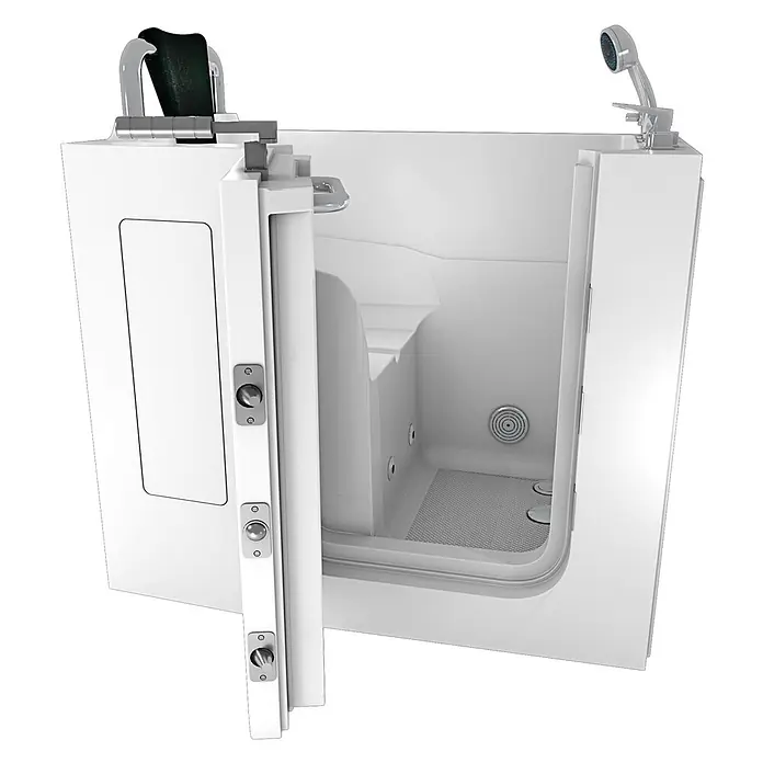 AcquaVapore Badewanne Fertigdusche S08WP-C-L - Acryl, Weiß - Weiße barrierefreie Badewanne mit offener Seitentür, integriertem Sitz und Handbrause.