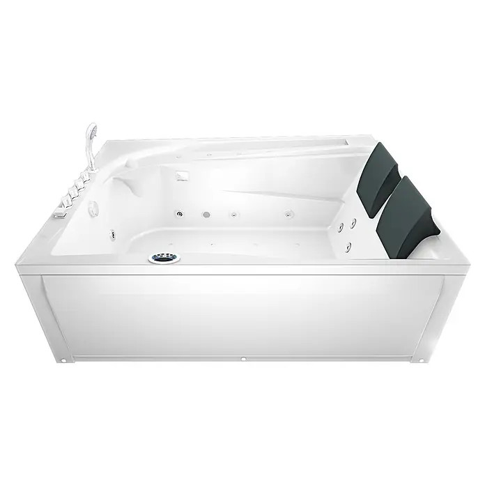 AcquaVapore Badewanne Fertigdusche W12H-TH-B-SC - Acryl, Weiß - Weisse Eck-Whirlpool-Badewanne mit dunkelgrauen Kopfstützen, mehreren Düsen und Handbrause.