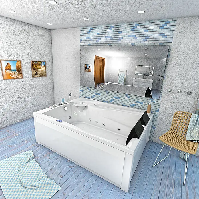 AcquaVapore Badewanne Fertigdusche W12H-TH-B-SC - Acryl, Weiß - Weiße moderne Whirlpool-Badewanne in einem hellen Badezimmer mit blauen Akzenten.