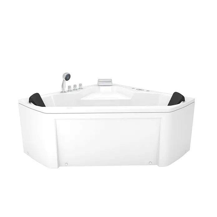 AcquaVapore Badewanne Fertigdusche W02R-TH - Acryl, Weiß - Weiße Eck-Whirlpool-Badewanne mit schwarzen Kopfstützen und integrierter Duscharmatur.