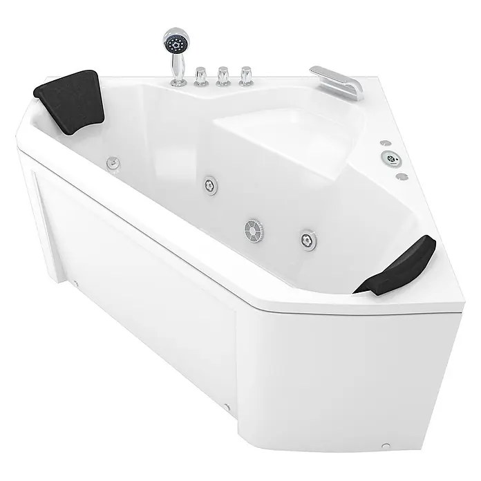 AcquaVapore Badewanne Fertigdusche W02R-TH - Acryl, Weiß - Weißer Eck-Whirlpool mit Hydromassagedüsen, Chromarmaturen und schwarzen Kopfstützen.