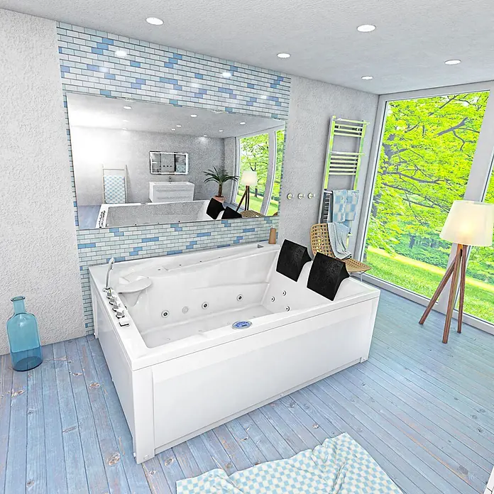 AcquaVapore Badewanne Fertigdusche W12H-TH-B-SC - Acryl, Weiß - Weißer Whirlpool mit schwarzen Kopfstützen in einem modernen Badezimmer mit hellblauen Akzenten und großem Fenster zur Natur.