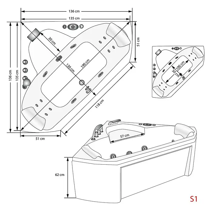AcquaVapore Badewanne Fertigdusche W02 - Acryl, Weiß - Weißer Whirlpool mit detaillierten Maßen: 136 cm Länge, 136 cm Breite und 62 cm Höhe.