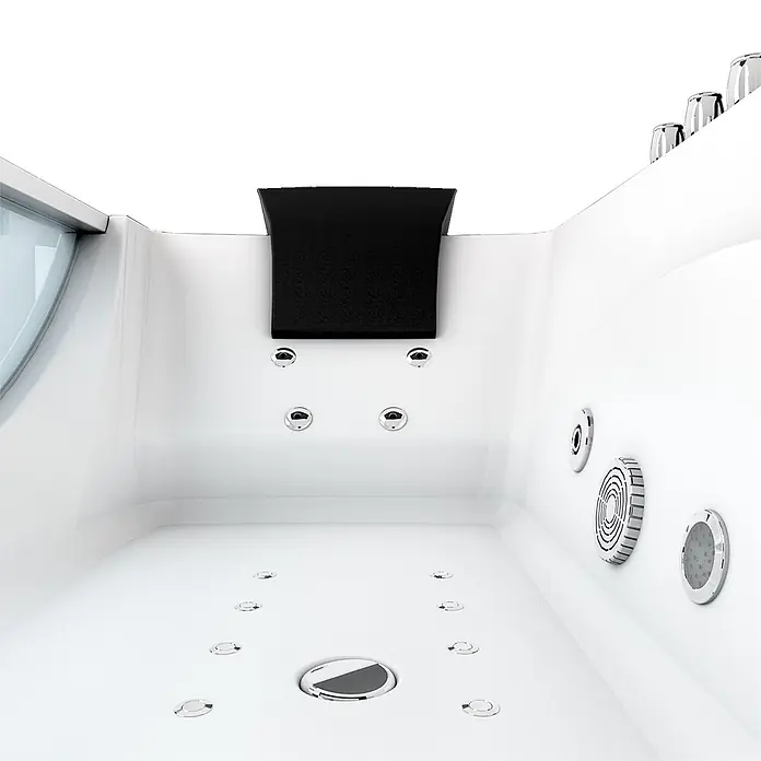 AcquaVapore Badewanne Fertigdusche W81H-TH-B-SC - Acryl, Weiß - Innenansicht einer weißen Whirlpool-Badewanne mit mehreren Chromdüsen, einem zentralen Abfluss und einer schwarzen Kopfstütze.