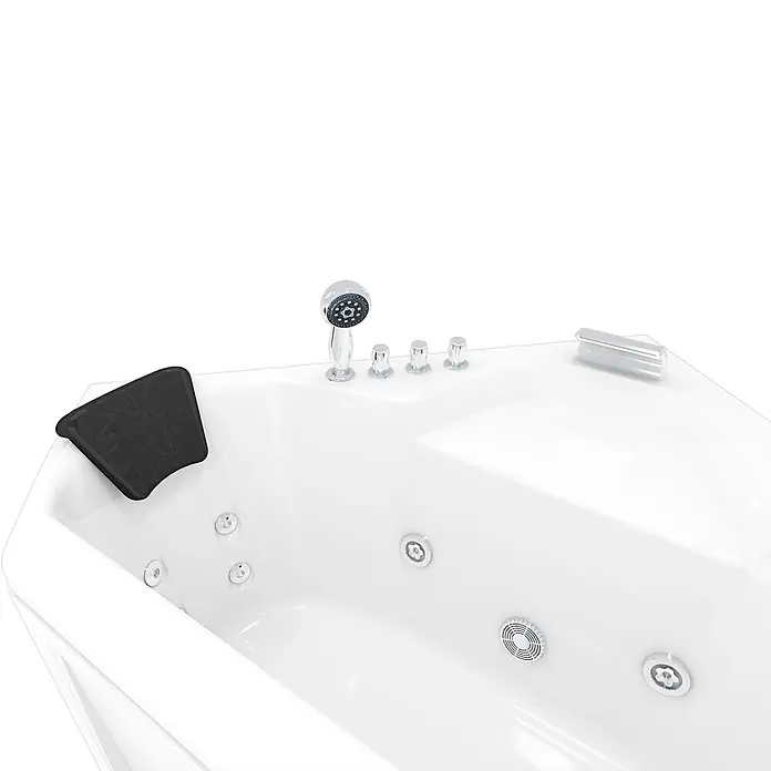 AcquaVapore Badewanne Fertigdusche W02 - Acryl, Weiß - Weiße Eck-Whirlpool-Badewanne mit schwarzer Kopfstütze, Chrom-Handbrause, Bedienelementen und Massagedüsen.