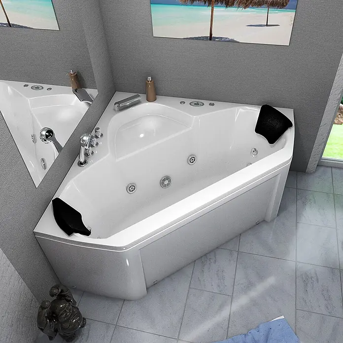 AcquaVapore Badewanne Fertigdusche W02R-TH - Acryl, Weiß - Weißer Eckwhirlpool mit schwarzen Kopfstützen in einem modernen Badezimmer.