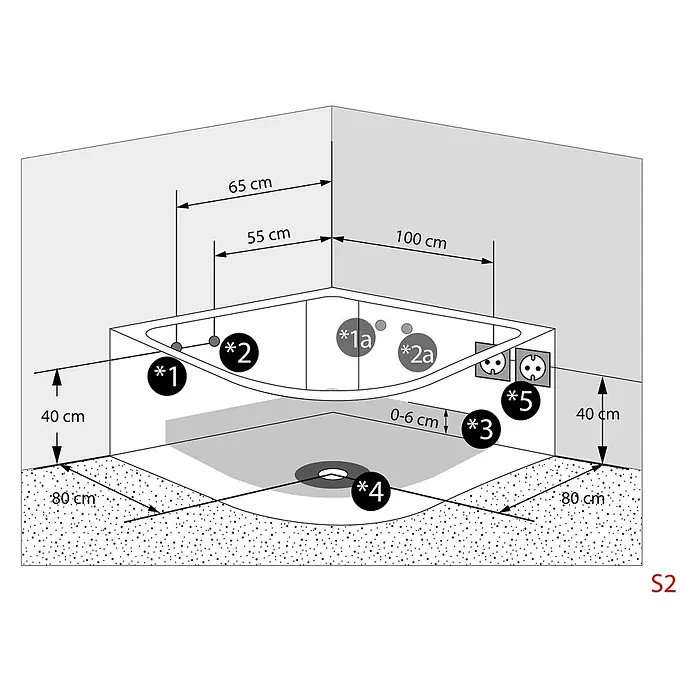 AcquaVapore Badewanne Fertigdusche W02 - Acryl, Weiß - Installationsplan einer Eckduschwanne mit Maßen (z.B. 100 cm Seite), Abfluss und Anschlusspunkten.