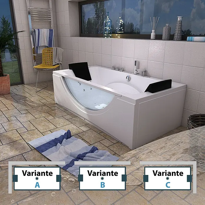 AcquaVapore Badewanne Fertigdusche W81H-TH-B-SC - Acryl, Weiß - Weiße Whirlpool-Badewanne mit klarer Glasscheibe und schwarzen Kopfstützen in einem modernen Badezimmer.