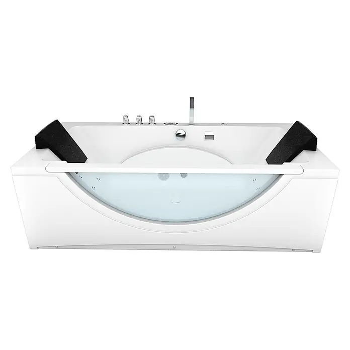 AcquaVapore Badewanne Fertigdusche W81H-TH-B-SC - Acryl, Weiß - Weiße Whirlpool-Badewanne mit schwarzen Kopfstützen, Chromarmaturen und gebogener transparenter Frontplatte.