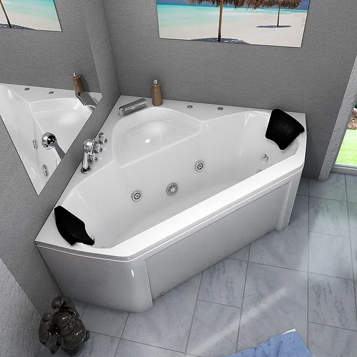 AcquaVapore Badewanne Fertigdusche W02 - Acryl, Weiß - Weißer Eck-Whirlpool mit schwarzen Kopfstützen und Chromarmaturen in einem modernen Badezimmer.