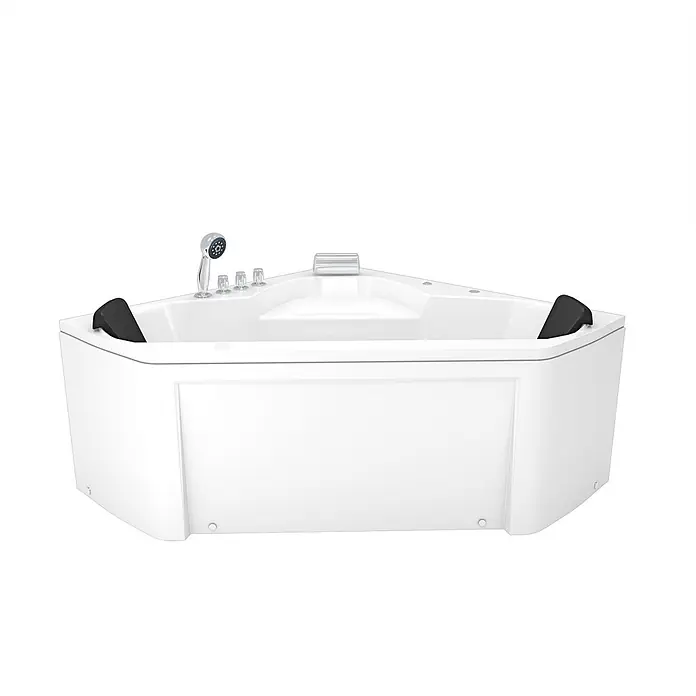 AcquaVapore Badewanne Fertigdusche W02 - Acryl, Weiß - Weißer Eck-Jacuzzi mit schwarzen Kopfstützen, integriertem Duschkopf und Bedienelementen.