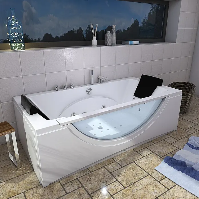 AcquaVapore Badewanne Fertigdusche W81H-TH-B-SC - Acryl, Weiß - Weiße Whirlpool-Badewanne mit transparentem Sichtfenster, in einem Badezimmer installiert.