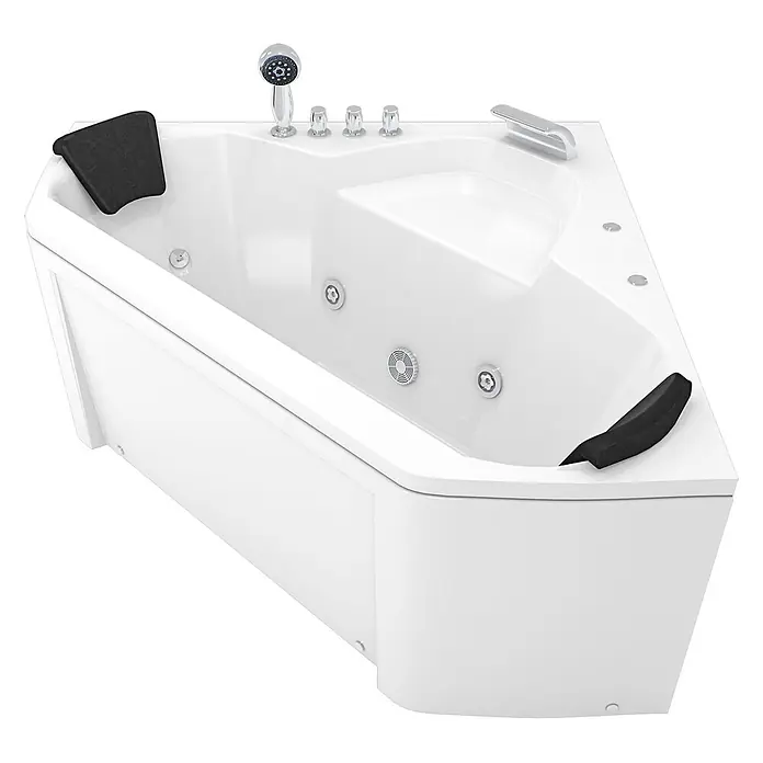 AcquaVapore Badewanne Fertigdusche W02 - Acryl, Weiß - Weißer Eck-Whirlpool mit schwarzen Kopfstützen, Chrom-Brause und Bedienknöpfen.