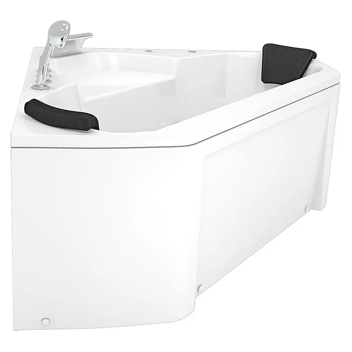 AcquaVapore Badewanne Fertigdusche W02 - Acryl, Weiß - Weißes Eckbadewanne mit integrierter Chromarmatur, Handbrause und schwarzen Kopfstützen.