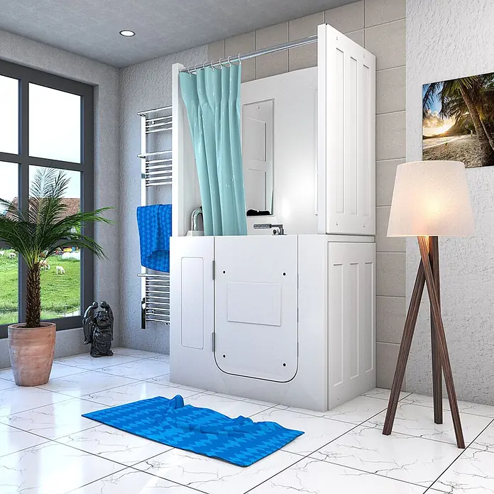 AcquaVapore Badewanne Fertigdusche S08D-WP-B-L - 110 x 68 cm, Acryl, Weiß - Weißes, begehbares Dusch- und Wannen-Kombinationsgerät mit hellblauem Duschvorhang für einfachen Zugang.