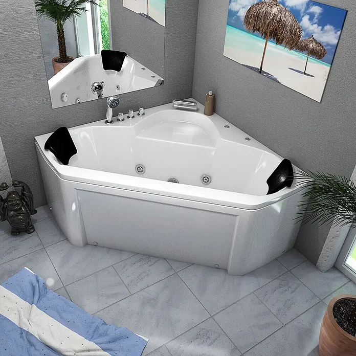 AcquaVapore Badewanne Fertigdusche W02 - Acryl, Weiß - Weiße Eck-Jacuzzi-Wanne mit schwarzen Kopfstützen und Chromarmaturen, für die Eckinstallation im Badezimmer.