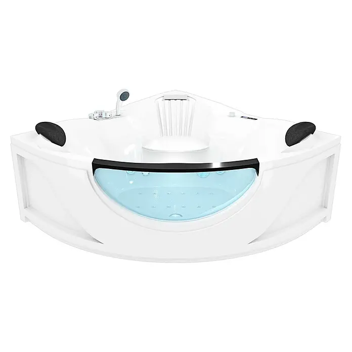 AcquaVapore Badewanne Fertigdusche W25-TH-SC - Acryl, Weiß - Weißer Eck-Whirlpool mit schwarzen Kopfstützen, klarer Platte, blauer Innenbeleuchtung und Duschkopf.